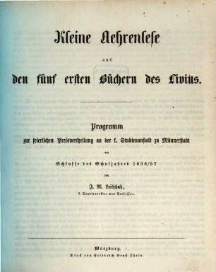 Kleine Aehrenlese aus den fünf ersten Büchern des Livius