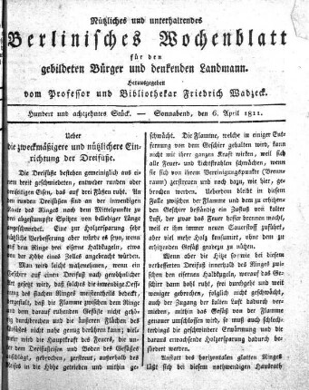 Hundert und achtzehntes Stueck, Sonnabend, den 6. April 1811.