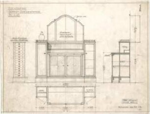 Littmann, Max; Bocksberg; Hofgut, Landhaus - Buffet im Speisezimmer (Grundriss, Ansicht,Schnitt, Detail)