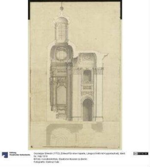 Entwurf für eine Kapelle, Längsschnitt mit Kuppelaufsatz