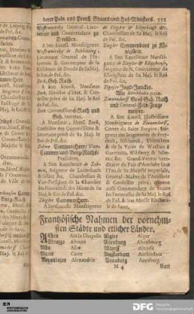 Frantzösische Nahmen der vornehmsten Städte und etlicher Länder.