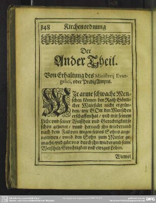 Der Ander Theil. Von Erhaltung des Ministerii Evangelici, oder PredigAmpts