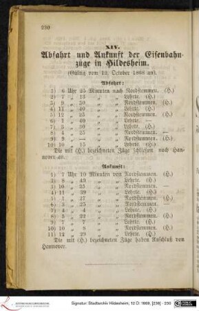 XIV. Abfahrt und Ankunft der Eisenbahnzüge in Hildesheim