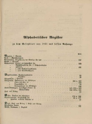 Alphabetisches Register zu dem Gesetzblatt von 1851 und dessen Anhange