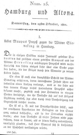 I. Ueber Maupas Prozeß gegen die Wittwe Sieveking in Hamburg.