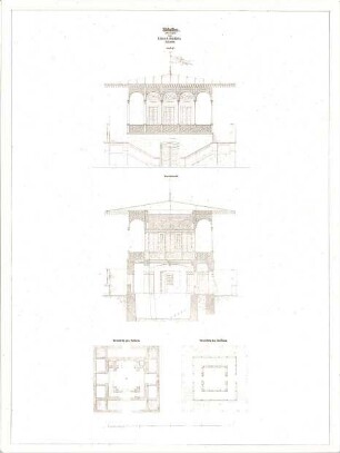 Bürklein, Eduard; Eiskeller - Aufriss, Grundriss Keller, Grundriss Pavillon, Schnitt