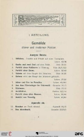 I. Abteilung. Gemälde älterer und moderner Meister (Nr. 1-258)