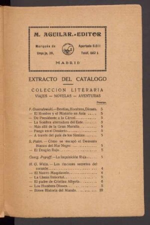 Extracto del catálogo : Colección Literaria - Viajes - Novelas - Aventuras