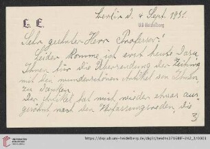 Korrespondenz Louise Ebert/Gustav Radbruch: Brief von Louise Ebert an Gustav Radbruch