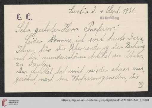 Korrespondenz Louise Ebert/Gustav Radbruch: Brief von Louise Ebert an Gustav Radbruch