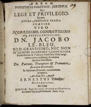 Disputatio Politico-Iuridica, De Lege Et Privilegio