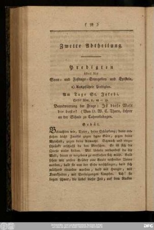 Zweite Abtheilung. Predigten über die Sonn- und Festtags-Evangelien und Episteln.