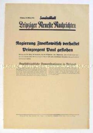 Sonderblatt der "Leipziger Neuesten Nachrichten" zum Sturz der jugoslawischen Regierung und anti-deutschen Demonstrationen in Belgrad