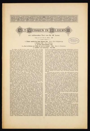 Ansicht von Alt-Meissen in Bildern, Lithographie, 1889 : Alt-Meissen in Bildern. - Meißen : Mosche, 1889. - mit erklärendem Text von Dr. W. Loose. - 1 Kunstblatt : Lithographie ; 29,8 x 42,0 cm