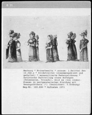 Satirische Darstellung eines Aufzuges (Prozession, Trionfo), Bild 44: Frauen in Tracht mit Gesangsbüchern?