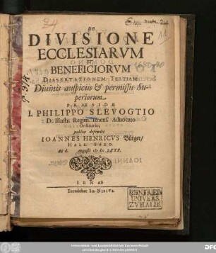 De Divisione Ecclesiarum Et Beneficiorum Dissertationem Tertiam