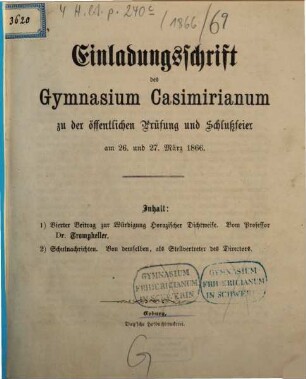 Einladungsschrift des Gymnasium Casimirianum zu Coburg zur Schlußfeier. 1866