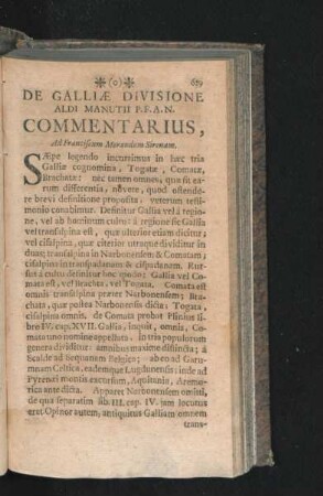De Galliae Divisione Aldi Manutii P.F.A.N. Commentarius, Ad Franciscum Morandum Sirenam.