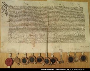 Ehevertrag zwischen Graf Otto von Hoya und der Gräfinwitwe Agnes von Rietberg. Es siegeln: Graf Johann von Hoya Bischof von Münster und Osnabrück, Graf Hermann Georg von Limburg-Styrum, die Grafen Otto, Erich und Friedrich von Hoya, Gräfin Agnes, Dietrich Behr, Joachim von Staffhorst, Curd und Jost von Hasbergen und Balduin Hermeling Ausstellungsort: Esens Anhängende Siegel 1 erhalten, 2 verloren, 3 bis 7 erhalten, 8 verloren, 9 erhalten, 10 verloren, 11 erhalten; Unterschriften der Grafen Johann, Erich und Friedrich von Hoya, des Dietrich Behr, des Joachim von Staffhorst, des Jost von Hasbergen und des Balduin Hermeling