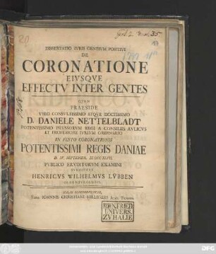 Dissertatio Ivris Gentivm Positivi De Coronatione Eivsqve Effectv Inter Gentes