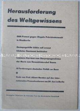 Sonderdruck mit dem Wortlaut einer Rede von Albert Norden auf einer internationalen Pressekonferenz der DDR- Regierung zur Wahl des Bundespräsidenten in Westberlin