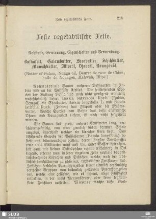 Feste vegetabilische Fette. Rohstoffe, Gewinnung, Eigenschaften und Verwendung