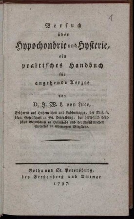 Versuch über Hypochondrie und Hysterie : ein praktisches Handbuch für angehende Aerzte