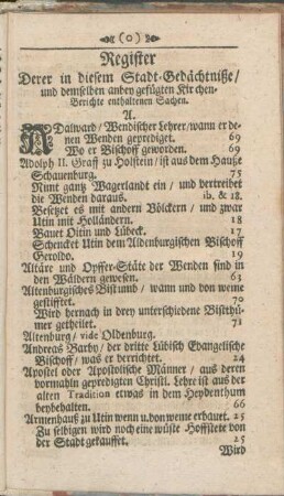 Register Derer in diesem Stadt-Gedächtniße/ und demselben anbey gefügten Kirchen-Berichte enthaltenen Sachen.