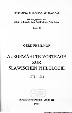 Ausgewählte Vorträge zur slawischen Philologie. [1], 1976 - 1981