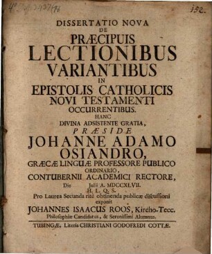 Dissertatio Nova De Praecipuis Lectionibus Variantibus In Epistolis Catholicis Novi Testamenti Occurrentibus