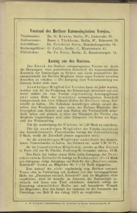 Vorstand des berliner Entomologischen Vereins - Auszug aus den Statuten