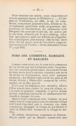 Noms des communes, hameaux et marchés