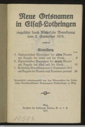 Neue Ortsnamen in Elsaß-Lothringen : eingeführt durch Kaiserliche Verordnung vom 2. Sept. 1915