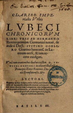 Clariss. imperialis urbis Lubeci chronicorum libri tres