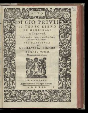 Giovanni Priuli: Il terzo libro de madrigali a cinque voci ... Alto
