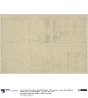 Darmstadt, Stallgebäude mit Kutscherwohnung für Julius Glückert, Schlafzimmer, Skizzenblatt mit vier Wandaufrissen