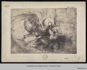 Drache kämpft mit einem Löwen