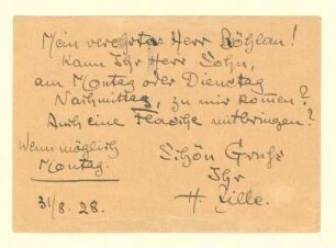 Eigenhändige Postkarte von Heinrich Zille an Friseur Fr. Böhlau betr. Hausbesuch des Sohnes mit einer Flasche