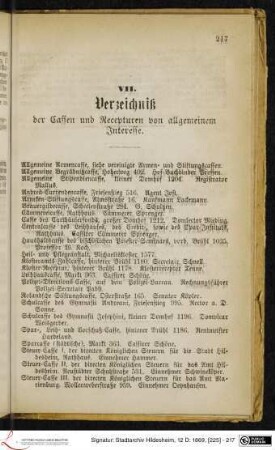 VII. Verzeichniß der Cassen und Recepturen von allgemeinem Interesse.