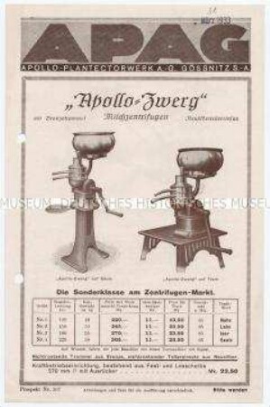 "Apollo-Zwerg" Milchzentrifugen / Prospekt Nr. 367
