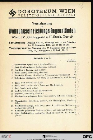 Versteigerung von Wohnungseinrichtungs-Gegenständen : Wien, IV., Goldeggasse 2, II. Stock, Tür 19 ; Versteigerung: nur Dienstag, den 27. September 1938
