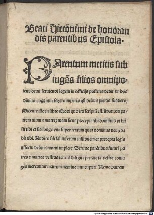 Beati Hieronimi De honorandis parentibus epistola