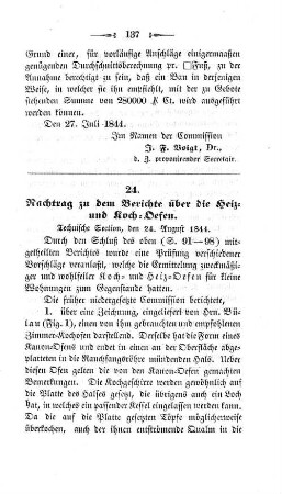 24. Nachtrag zu dem Berichte über die Heiz- und Koch-Oefen. : Technische Section, den 24. August 1844.