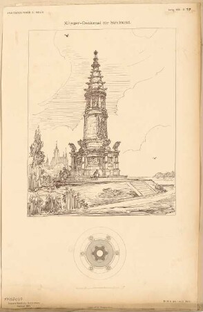 Gefallenendenkmal, Stralsund Monatskonkurrenz Februar 1885: Grundriss, perspektivische Ansicht