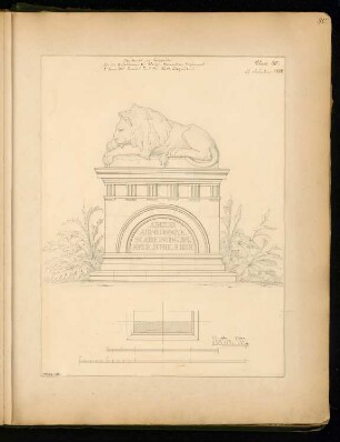 Gefallenendenkmal, Liegnitz Monatskonkurrenz Februar 1872: Grundriss in 2 Ebenen, Aufriss Vorderansicht; 2 Maßstabsleisten