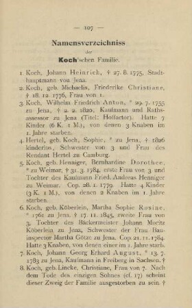 Namensverzeichnis der Koch'schen Familie