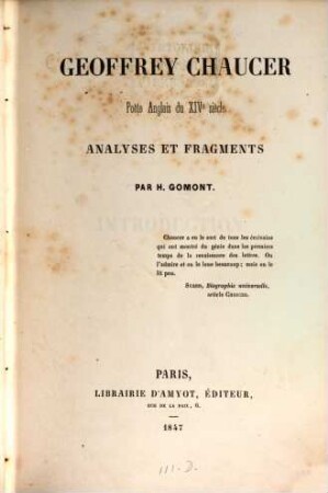 Geoffrey Chaucer, poète Anglais du XIVe siècle : Analyses et fragments par H. Gomont