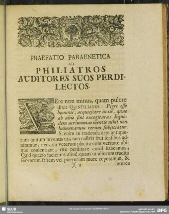 Praefatio Paraentetica Ad Philiatros Auditores Suos Perdilectos