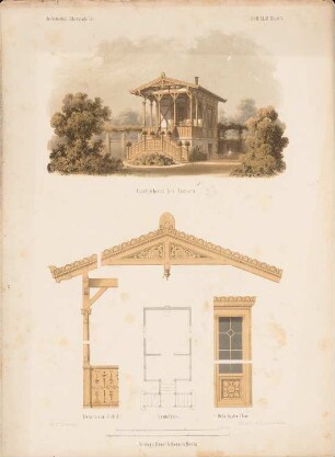 Gartenhaus, Traben: Grundriss, Perspektivische Ansicht, Details (aus: Architektonisches Skizzenbuch, H. 43, 1859)