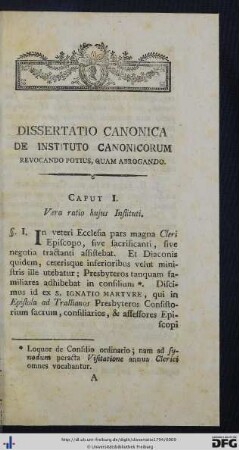 Dissertatio Canonica De Instituto Canonicorum Revocando Potius, Quam Abrogando.